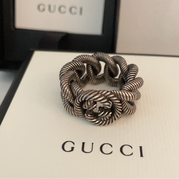 GUCCI UNISEX INTERLOCKING G GOURMETTE STERLING SILVER RING AUTHENTIC πππ - Picture 4 of 15